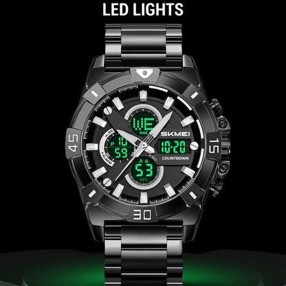 SKMEI 2593 Men Dual-Display Sports Watch Stainless Steel Strap Luminous 30M Life Water-Resistant Watch
