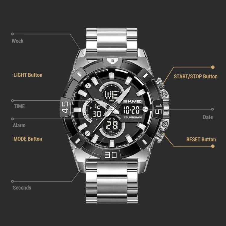 SKMEI 2593 Men Dual-Display Sports Watch Stainless Steel Strap Luminous 30M Life Water-Resistant Watch