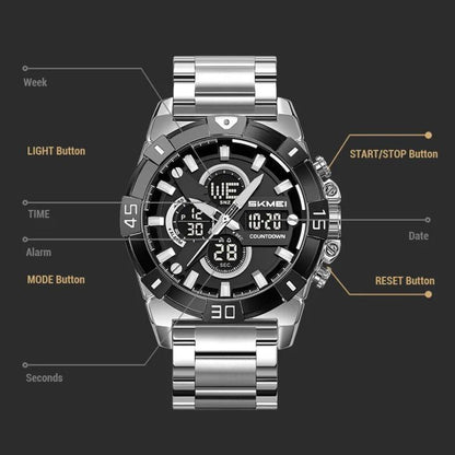 SKMEI 2593 Men Dual-Display Sports Watch Stainless Steel Strap Luminous 30M Life Water-Resistant Watch