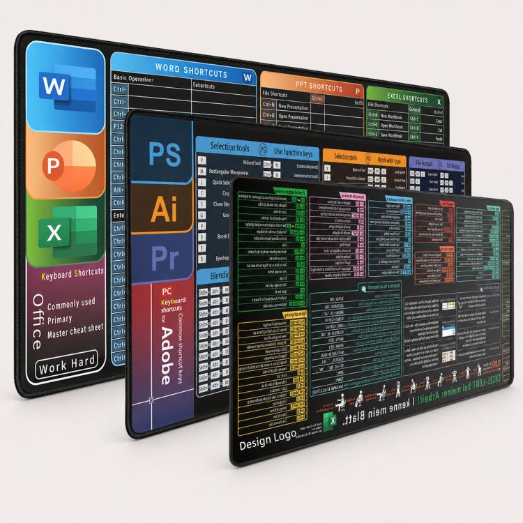 Large Shortcut Keys Mouse Pad Multi-Language Options Available Fray-Free Stitched Edges Keyboard Pad, 300x600x2mm, 300x600x3mm, 300x800x2mm, 300x800x3mm, 300x800x4mm