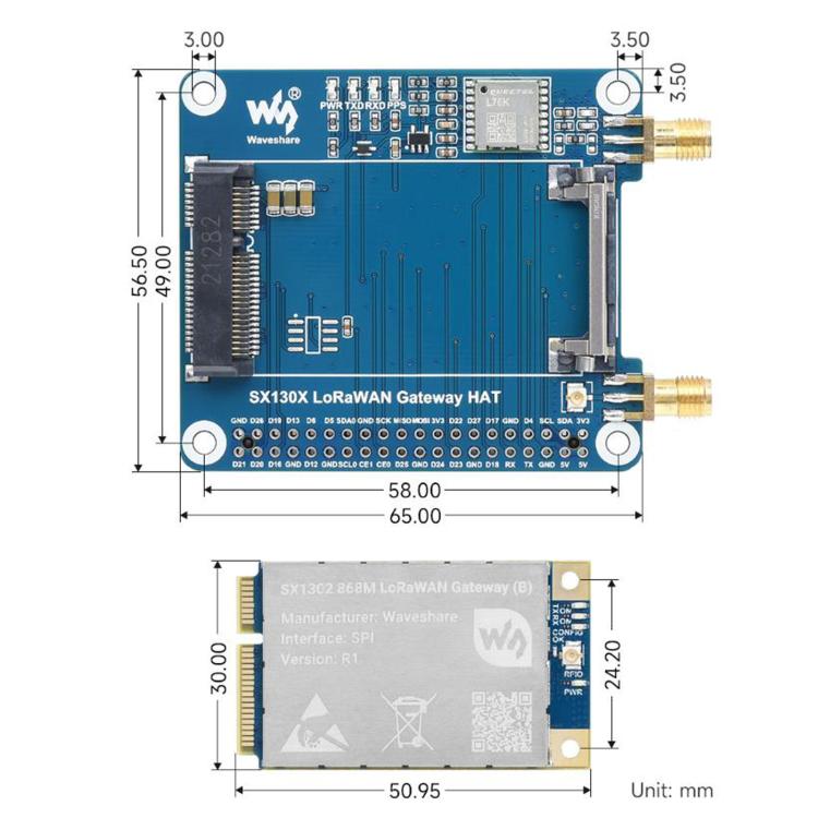 Waveshare For Raspberry Pi LoRaWAN Gateway Module Standard Mini-PCIe Socket, SX1302 868M, SX1302 868M With Expansion Board, SX1303 868M, SX1303 868M With Expansion Board, SX1302 915M, SX1302 915M With Expansion Board, SX1303 915M