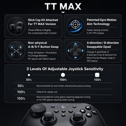 GuliKit TT MAX Wireless Controller with 720-degree Adjustable TMR Joysticks, Magnetic Levitation Motor Gamepad for Switch/Switch 2, PC & iOS, TT MAX Black, TT MAX Grey