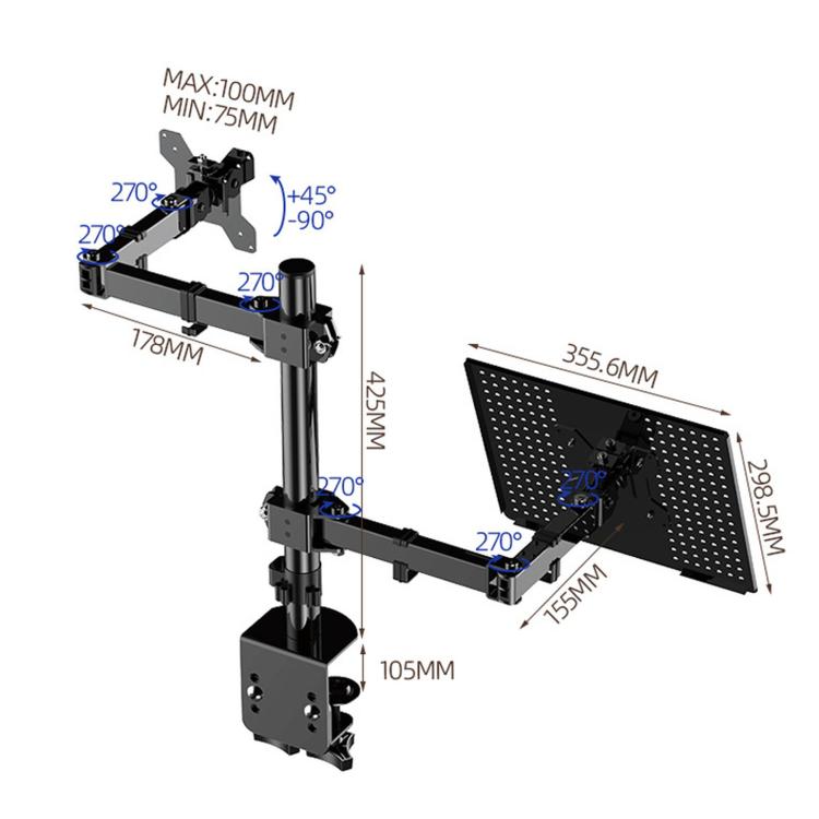 Laptop Monitor Dual-Arm Rotating Clamp Desktop Stand, ZX-MT025