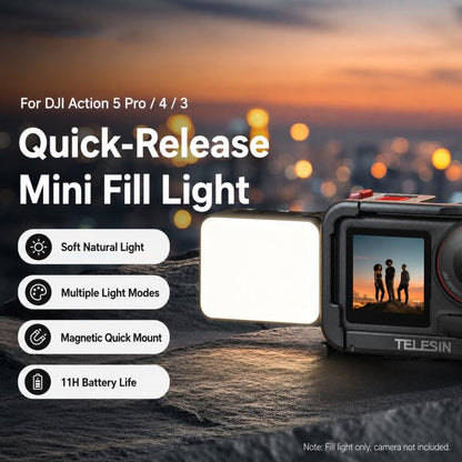 For DJI Action 5 Pro/4/3 TELESIN Quick-Release Mini Vlog Fill Light, IPX5 Waterproof Magnetic LED Video Light With 3 Color Temps, For DJI Action 5 Pro/4/3