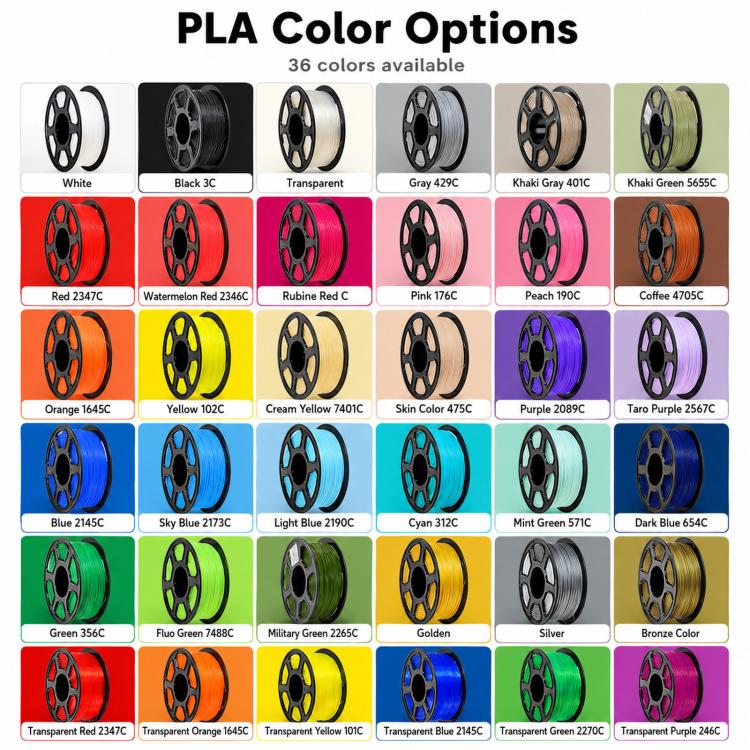 PLA 3D Printer Filament 1.75mm 1kg Spool Tangle-Free Eco-Friendly 3D Printing Material, White, Black, Grey, Transparent, Coffee, Red, Rose Red, Pink, Peach Red, Orange, Yellow, Skin Color, Purple, Blue, Sky Blue, Cyan, Deep Blue, Silver, Taro Purple