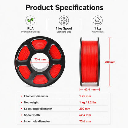 PLA 3D Printer Filament 1.75mm 1kg Spool Tangle-Free Eco-Friendly 3D Printing Material, White, Black, Grey, Transparent, Coffee, Red, Rose Red, Pink, Peach Red, Orange, Yellow, Skin Color, Purple, Blue, Sky Blue, Cyan, Deep Blue, Silver, Taro Purple