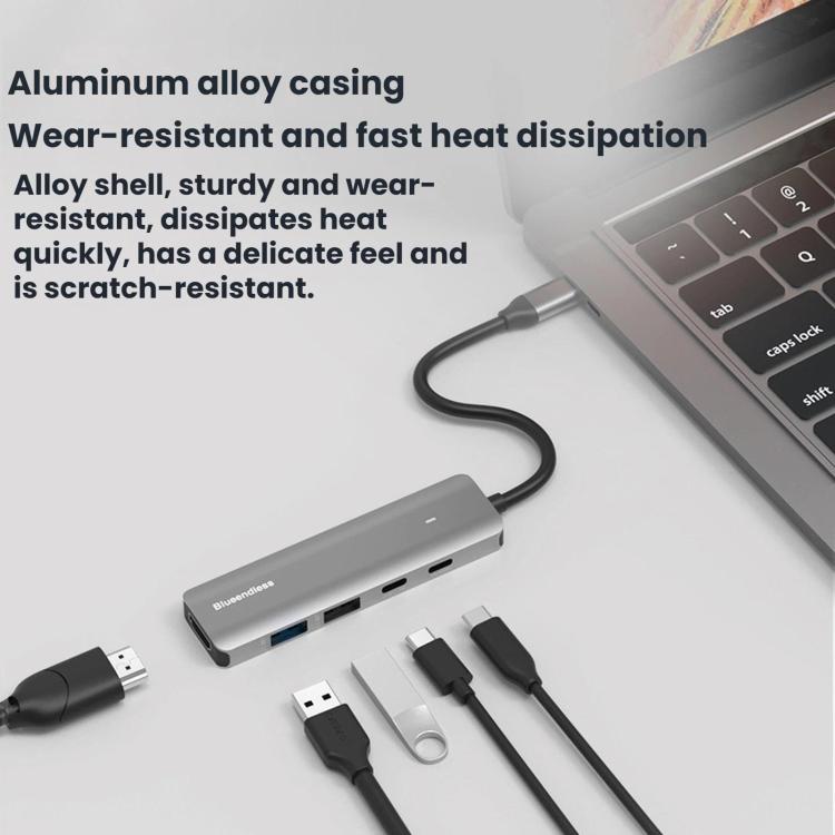 Blueendless HDMI 4K 60Hz Converter Type-C Dock, 5 in 1 USB 3.0 x 2)