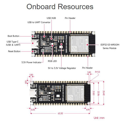 Waveshare ESP32-S3 1U-N16R8 Microcontroller 2.4GHz Wi-Fi Development Board 240MHz Dual Core Processor, Without Header, With Pre-soldered Headers