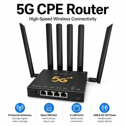 International Version 5G CPE Industrial Router Dual Mode SA / NSA Gigabit Cellular Gateway With 6 Antennas, EU Plug, CP905