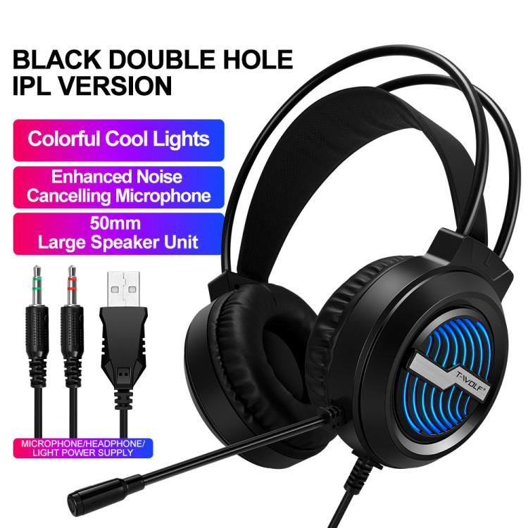 T-WOLF H130 Dual 3.5mm and USB Gaming Headset with Microphone RGB Luminous Wired PC Headphones, H130