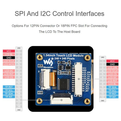 Waveshare 1.54inch Touch LCD Display Module 240×240 Resolution, IPS Panel, SPI And I2C Communication Interfaces, 34370