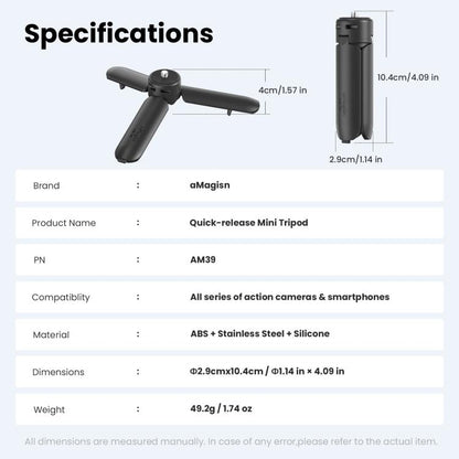aMagisn One-Touch Open Mini Tripod 2-in-1 Pocket Handheld Grip with 1/4-inch Screw For Most Action Cameras