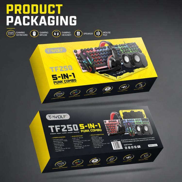 T-WOLF 5-In-1 PC Gaming Bundle Included Backlit Keyboard, Wired Mouse, Headset, Speakers And Mouse Pad