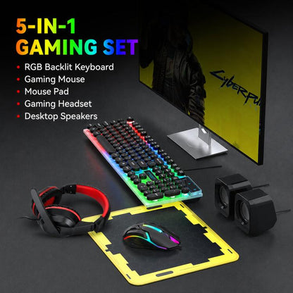 T-WOLF 5-In-1 PC Gaming Bundle Included Backlit Keyboard, Wired Mouse, Headset, Speakers And Mouse Pad