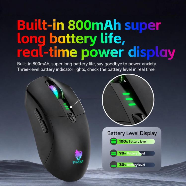 T-WOLF X5 Tri-Mode Wireless Gaming Mouse 12800 DPI Adjustable Rechargeable Gamer Mouse With RGB Backlit