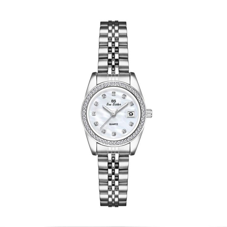 BS Bee Sister FA1787 Women Steel Band Dress Watch Rhinestone Bezel Analog Wristwatch with Date Calendar
