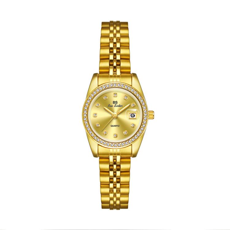 BS Bee Sister FA1787 Women Steel Band Dress Watch Rhinestone Bezel Analog Wristwatch with Date Calendar