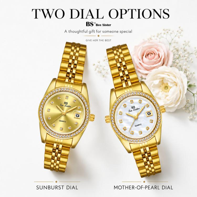 BS Bee Sister FA1787 Women Steel Band Dress Watch Rhinestone Bezel Analog Wristwatch with Date Calendar