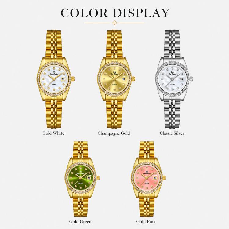 BS Bee Sister FA1787 Women Steel Band Dress Watch Rhinestone Bezel Analog Wristwatch with Date Calendar