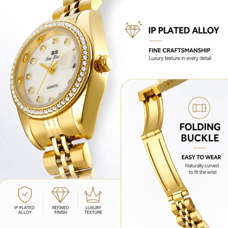 BS Bee Sister FA1787 Women Steel Band Dress Watch Rhinestone Bezel Analog Wristwatch with Date Calendar