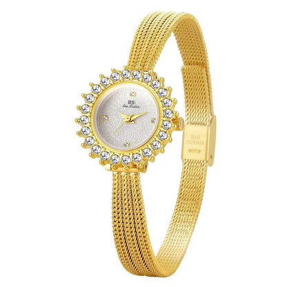 BS Bee Sister FA1833 Women Jewelry Bracelet Watch Vintage Floral Rhinestone Bezel Analog Wristwatch with Woven Mesh Band