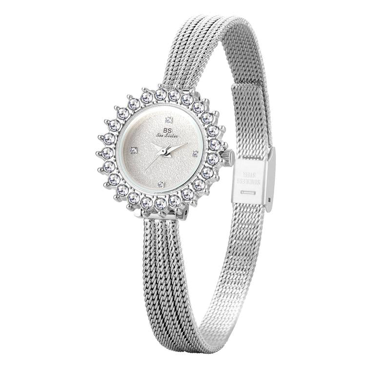 BS Bee Sister FA1833 Women Jewelry Bracelet Watch Vintage Floral Rhinestone Bezel Analog Wristwatch with Woven Mesh Band