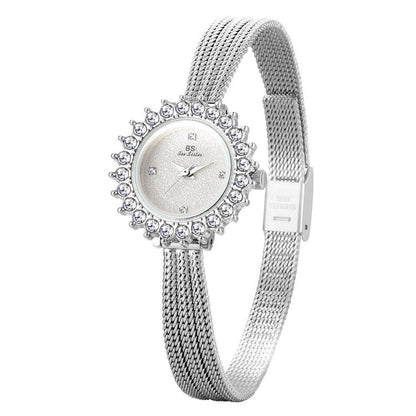 BS Bee Sister FA1833 Women Jewelry Bracelet Watch Vintage Floral Rhinestone Bezel Analog Wristwatch with Woven Mesh Band