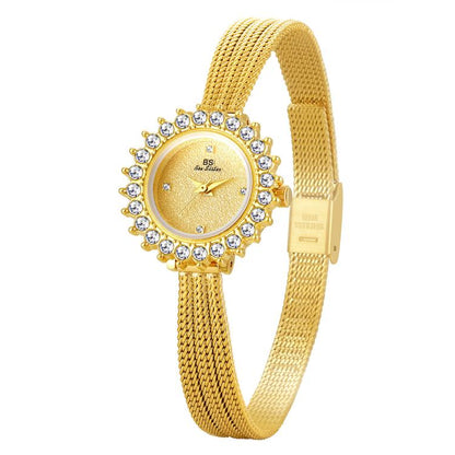 BS Bee Sister FA1833 Women Jewelry Bracelet Watch Vintage Floral Rhinestone Bezel Analog Wristwatch with Woven Mesh Band