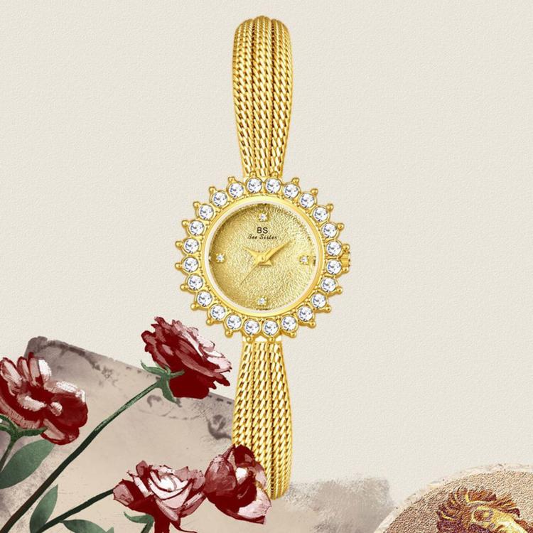 BS Bee Sister FA1833 Women Jewelry Bracelet Watch Vintage Floral Rhinestone Bezel Analog Wristwatch with Woven Mesh Band