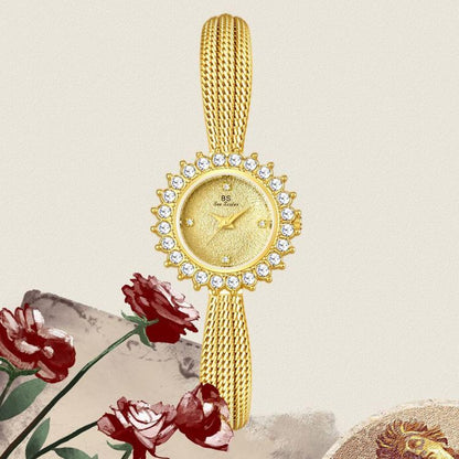 BS Bee Sister FA1833 Women Jewelry Bracelet Watch Vintage Floral Rhinestone Bezel Analog Wristwatch with Woven Mesh Band