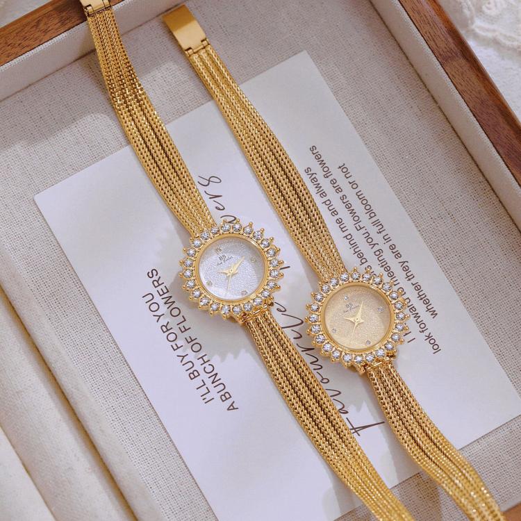 BS Bee Sister FA1833 Women Jewelry Bracelet Watch Vintage Floral Rhinestone Bezel Analog Wristwatch with Woven Mesh Band