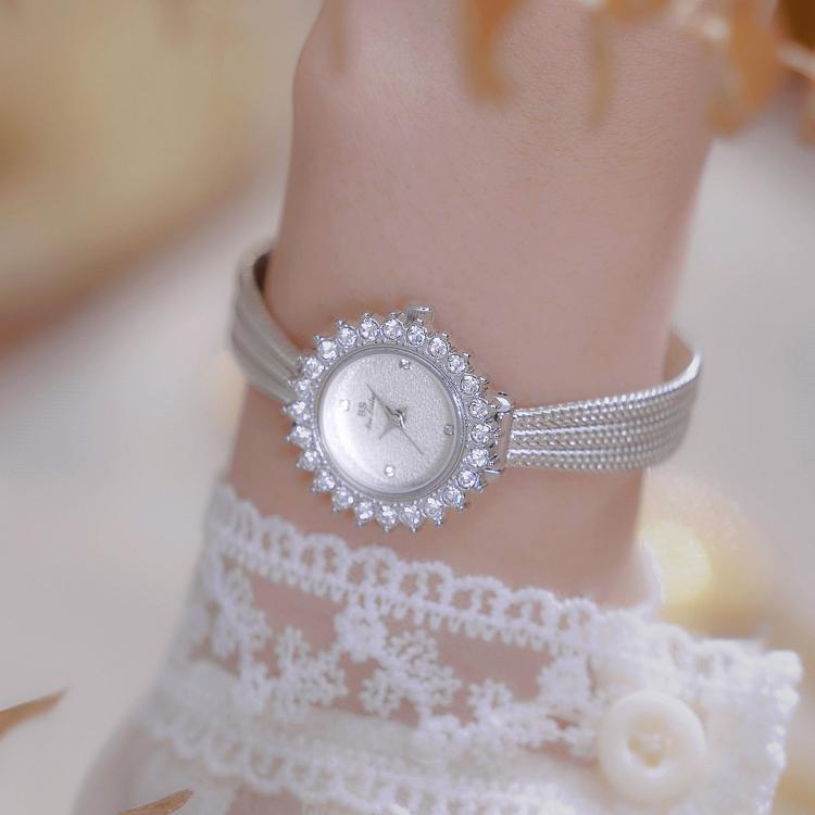 BS Bee Sister FA1833 Women Jewelry Bracelet Watch Vintage Floral Rhinestone Bezel Analog Wristwatch with Woven Mesh Band