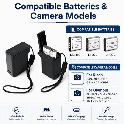 3-in-1 Battery Charger Case For Ricoh GR3 GR3X DB-110 & Olympus LI-92B