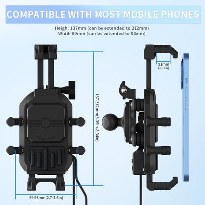 Motorcycle Wireless Charging Phone Holder With A+C Port Fast Charging Anti-theft Features, Mirror Base