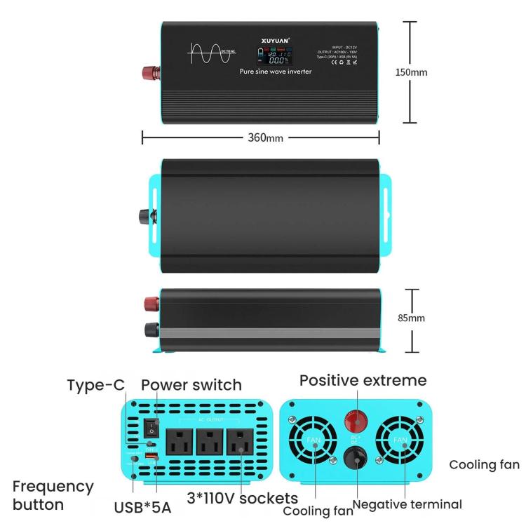 XUYUAN 12V/24V To 110V Pure Sine Wave Inverter, US Plug, 800W, 1400W, 2000W, 3000W