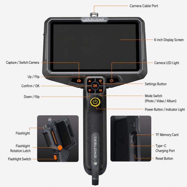 TESLONG NTS600 6 Inch Large Screen HD Industrial Endoscope IP67 Waterproof Inspection Camera, NTS600