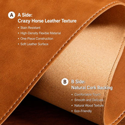 Crazy Horse Leather And Cork Desk Pad Stitched Edge Desk Mat With Matching Strap, 60x30cm, 70x35cm, 80x40cm, 90x45cm
