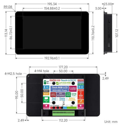 WAVESHARE ESP32-S3 7 Inch AI Voice Touch Display Development Board, 800 × 480 Resolution, 5-Point Touch, IPS Display Panel, Supports 2.4GHz Wi-Fi & BLE 5, 34894