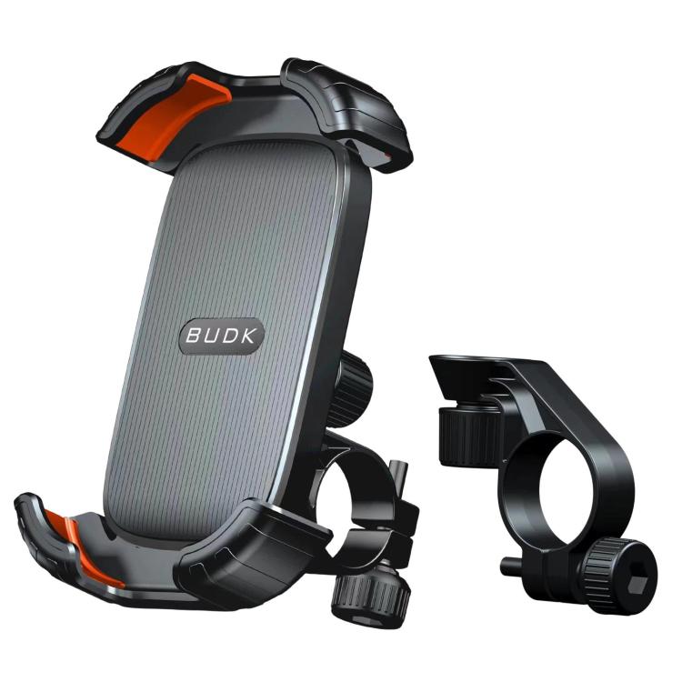 BUDK T02 Thickened Retractable Motorcycle Phone Holder Shockproof Bicycle Navigation Mount For Outdoor Riding, Rearview Mirror Black, Rearview Mirror Black Orange, Handlebar Black, Handlebar Black Orange
