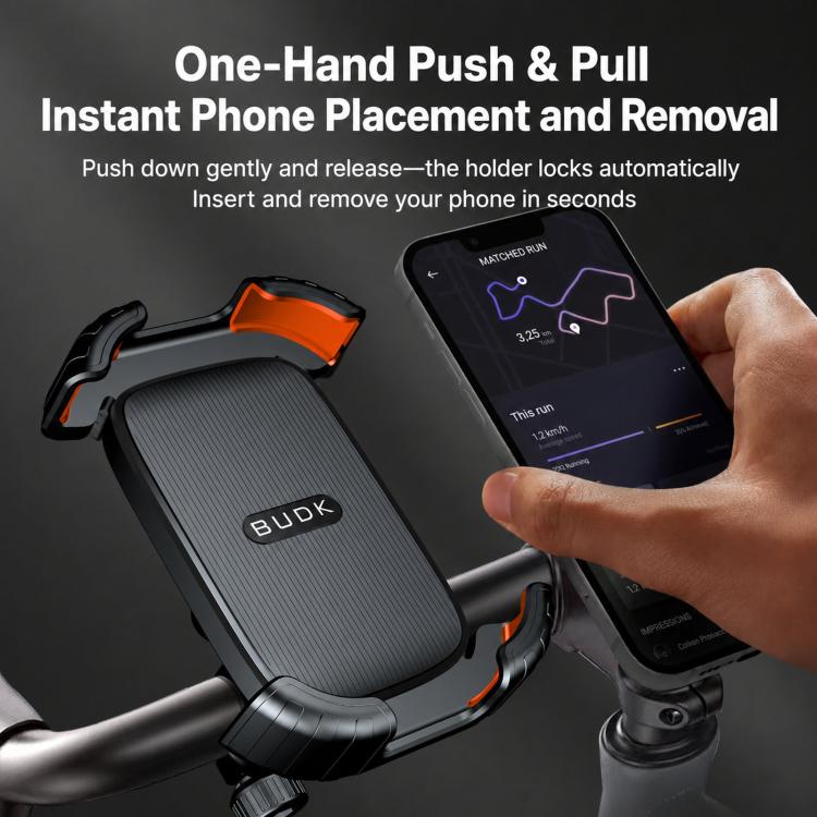 BUDK T02 Thickened Retractable Motorcycle Phone Holder Shockproof Bicycle Navigation Mount For Outdoor Riding, Rearview Mirror Black, Rearview Mirror Black Orange, Handlebar Black, Handlebar Black Orange
