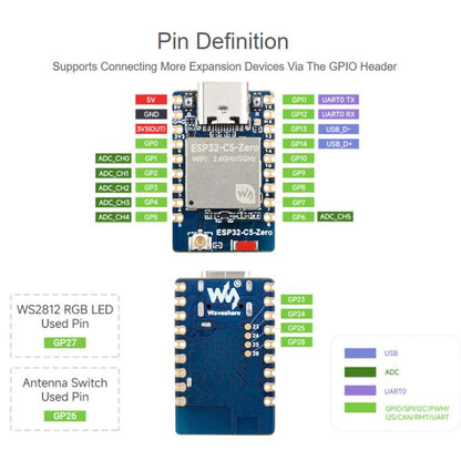 Waveshare ESP32-C5-Zero Mini Development Board With RISC-V 32-Bit Processor, No Pin Header, Pin Header Soldering
