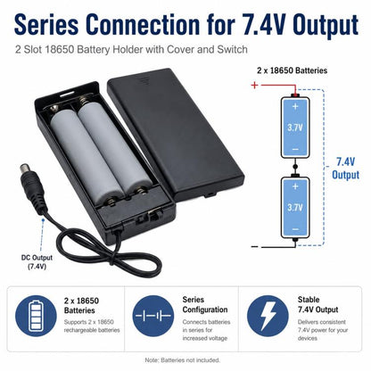 2 Slot 18650 Battery Holder with Cover and Switch 7.4V Battery Case with 5.5mm x 2.1mm DC Male Plug, 2 Slot 18650