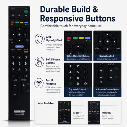 Replacement TV Remote Control For Sony LCD LED Smart HDTV Series, RM-ED009, RM-ED017, RM-ED046