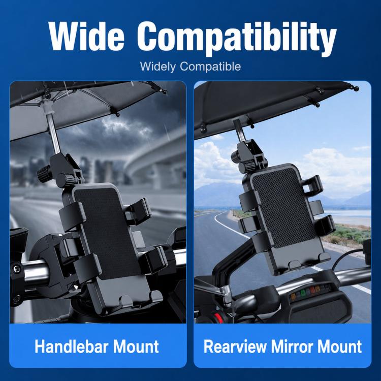 Motorcycle Phone Mount with Sunshade Mini Umbrella Universal Bike Cell Phone Holder, For Handlebar, For Rearview Mirror
