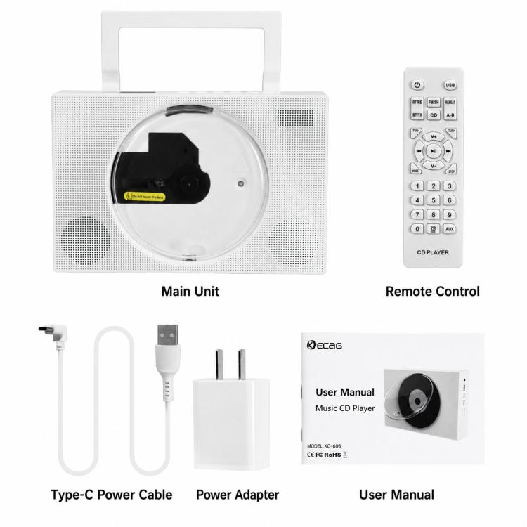 Kecag KC-606 Portable CD Player Home Bluetooth Music Player, White Plug-in, Black Plug-in, White Rechargeable, Black Rechargeable