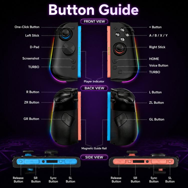 For Nintendo Switch 2 Left + Right Magnetic Controllers 9-Axis RGB Motion-Sensing Hall-Effect Joystick With Bluetooth 5.4 Wake-Up and Burst Fire Functionality