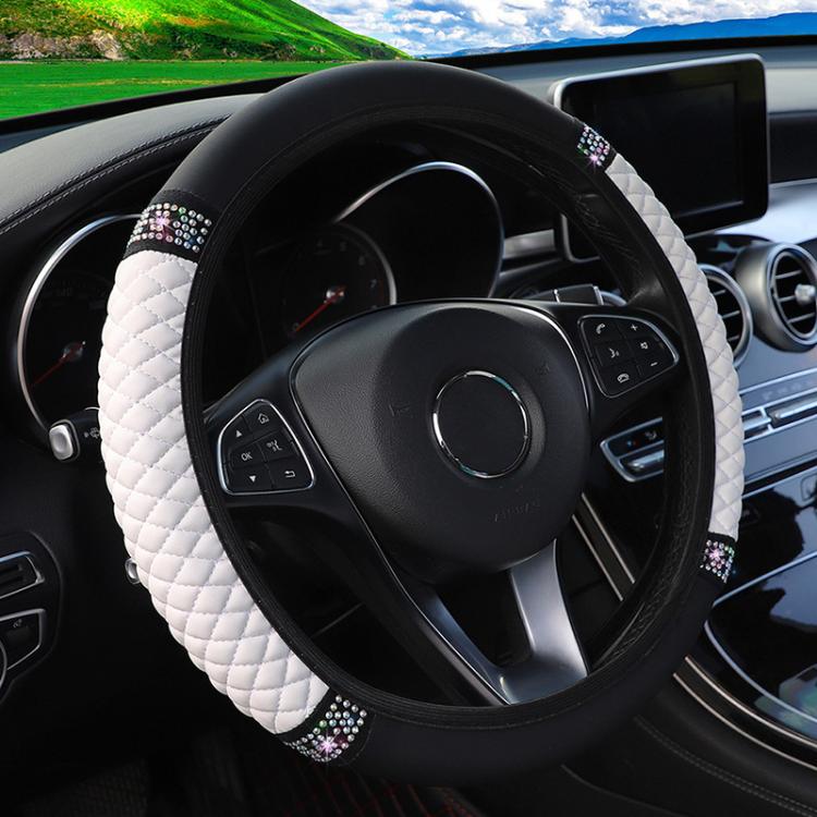 Bling Rhinestone Leather Steering Wheel Cover For Women Quilted Car Steering Wheel Wrap Protector