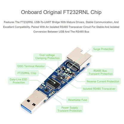 WAVESHARE USB To RS485 (E) Industrial-Grade Isolated Bidirectional Converter, Onboard FT232RNL Chip, Isolated RS485 Transceiver Circuit And RJ45 Port, 35226
