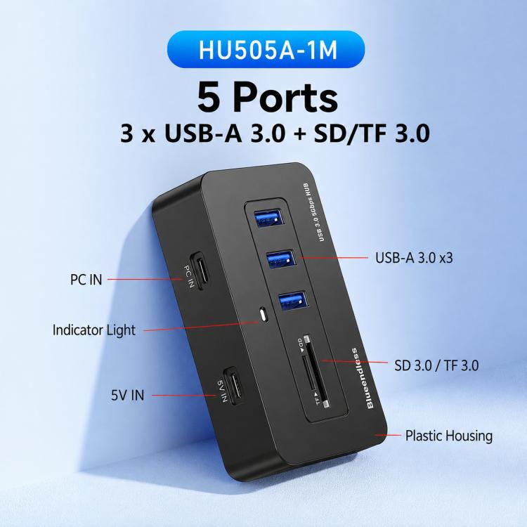 Blueendless 5-Port 3xUSB 3.0 Hub SD TF Card Reader, With 1m 2-in-1 USB-C/A Cable, With 0.3m USB Cable