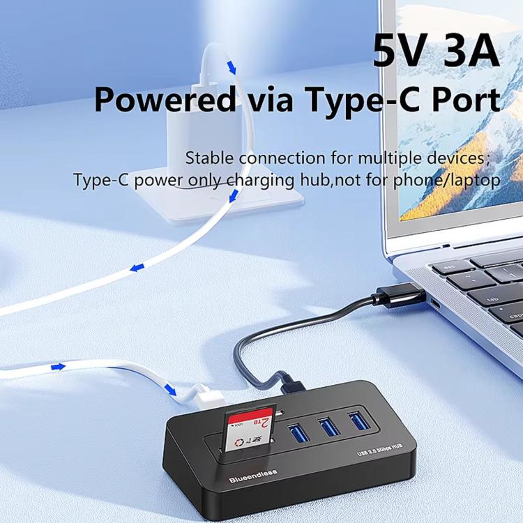 Blueendless 5-Port 3xUSB 3.0 Hub SD TF Card Reader, With 1m 2-in-1 USB-C/A Cable, With 0.3m USB Cable